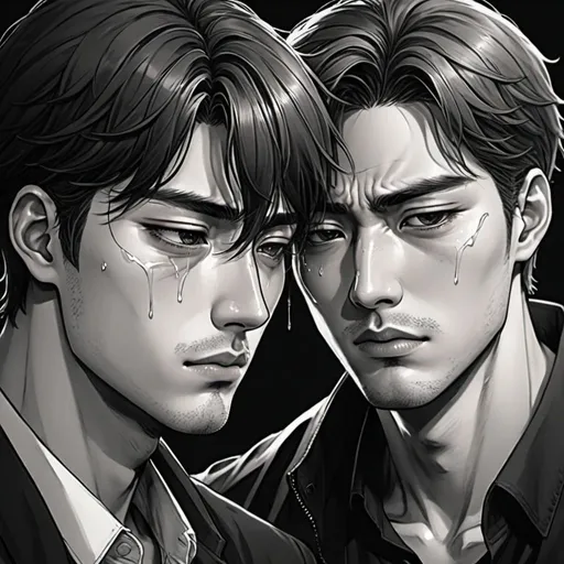 Prompt: A manhwa type drawing of two handsome men, one shedding tears while the other covers his left eye from behind, emotional and intense, tears, intense emotions, dark and moody, detailed facial expressions, professional art quality,emotional, dark and moody lighting
