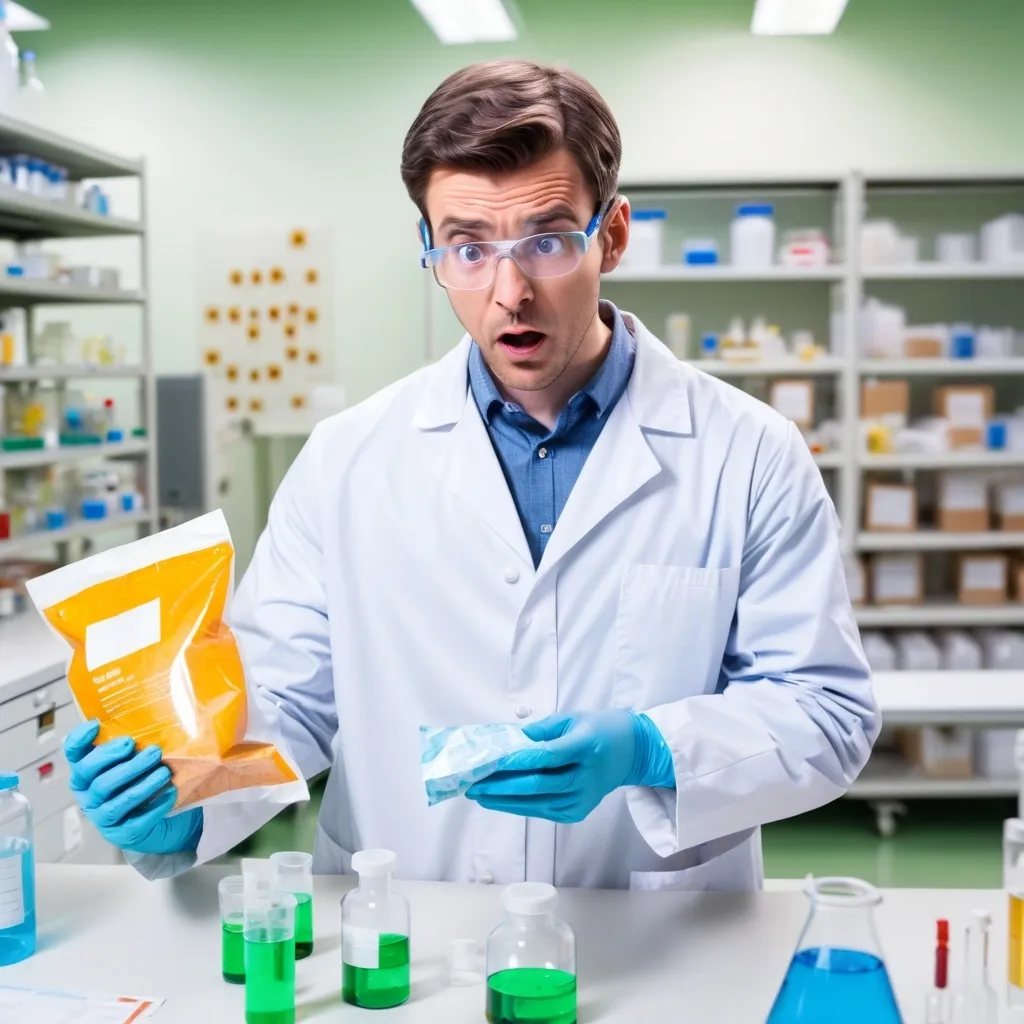 Prompt: A male scientist in a chemical lab holding a printed food packaging material  and looking confused