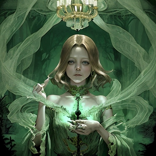 Prompt: (Woman in mid 30s), (Jodie Foster look-alike), pale green eyes, shoulder-length brown hair, apathetic expression, wearing an intricate fantasy witch outfit, flowing robes and ornate accessories, mystical ambiance, dark enchanted forest background, soft ethereal lighting, slightly eerie atmosphere, high-quality, (ultra-detailed) rendering.