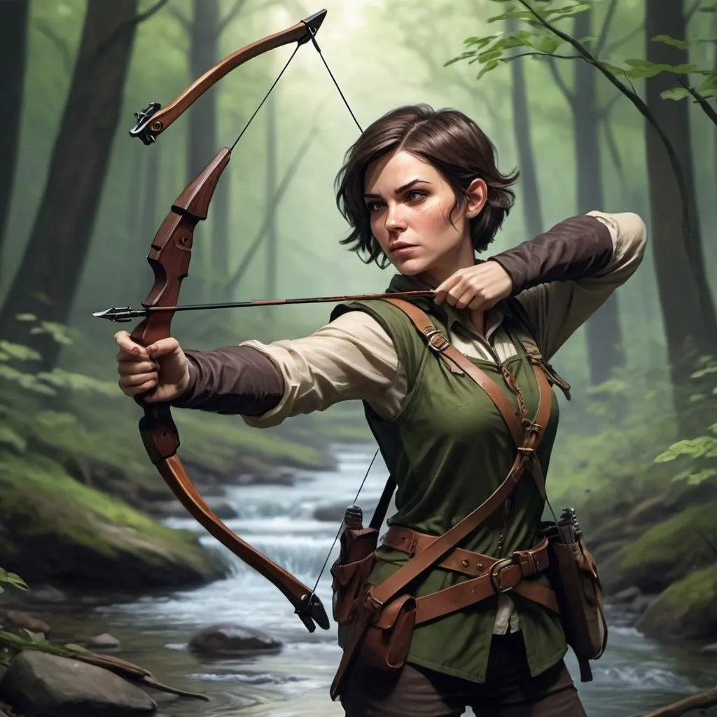 Prompt: Female dnd style ranger with short brunette hair dazed look in a forest near a brook firing a bow