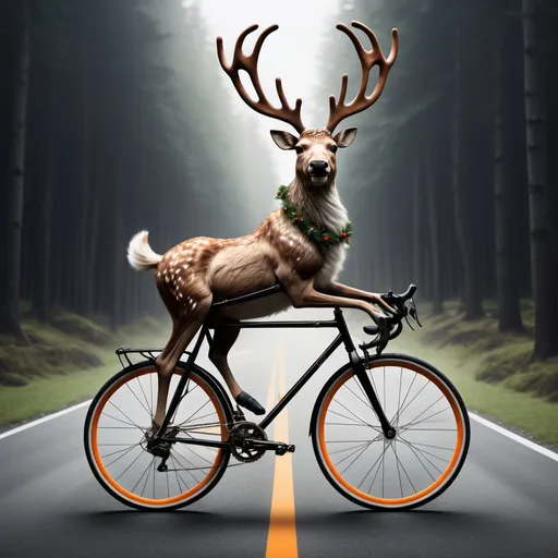 Prompt: please create an image of a cool reindeer riding a road bicycle, based on the jaegermeister logo