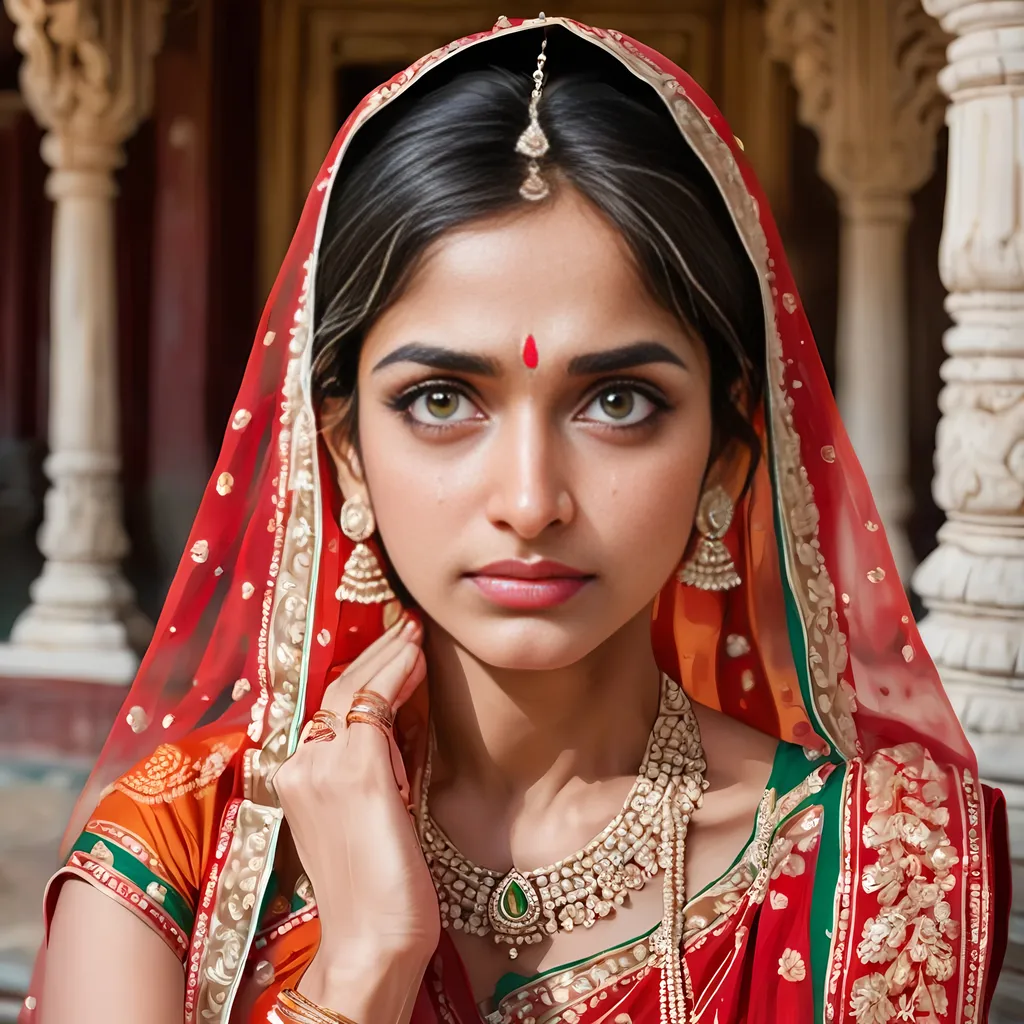 Prompt: indian bride in traditional dress, teary eyed, in temple

