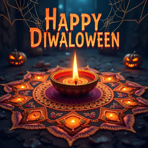 Prompt: (accurately spelled text "Happy Diwaloween"), festive imagery combining (vibrant colors) of Diwali and Halloween, (zestful atmosphere), intricate rangoli patterns intertwined with spooky jack-o'-lanterns, glowing diyas alongside eerie spider webs, a fusion of traditional Indian lamps and Halloween elements, (highly detailed), captivating background blending cultural symbols from both holidays, and an overall celebratory yet spooky mood, perfect for a unified holiday celebration.