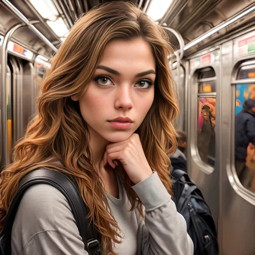 Prompt: Gorgeous woman in the New York City subway, detailed eyes, petite and slim, high quality, urban, realistic, warm lighting, detailed face, intense gaze