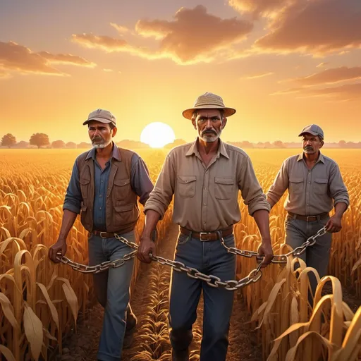 Prompt: Farmers chained by bureaucracy, sunset-lit crops in the background, golden hour lighting, 3D rendering, detailed chains, struggling expressions, vibrant fields, high quality, golden hour lighting, 3D rendering, struggle, sunset-lit crops, bureaucratic chains, realistic, emotional, vivid colors, atmospheric lighting
