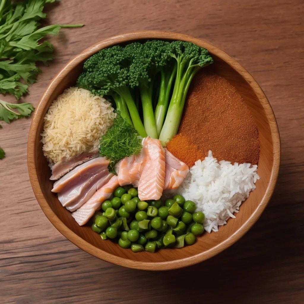 Prompt: A bowl of delicious-looking food placed on a wooden table. The food in the bowl consists of a mix of ingredients such as green vegetables, pieces of meat or other proteins, and a topping that looks like fish flakes or other dry ingredients. There are three other items around the bowl: a small bowl containing green vegetables, a pinch of spices or dry food on the lower right side, and some flakes or crumbs of food near a wooden spoon. The background of the image has a warm yellow color with green foliage giving a natural and fresh feel. Photography