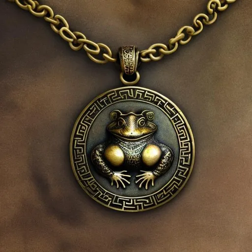 Prompt: a realistic image of an ancient brass amulet on a long brass chain, featuring a relief of a spirit toad. The amulet should have lots of filligree and look incredibly expensive.
