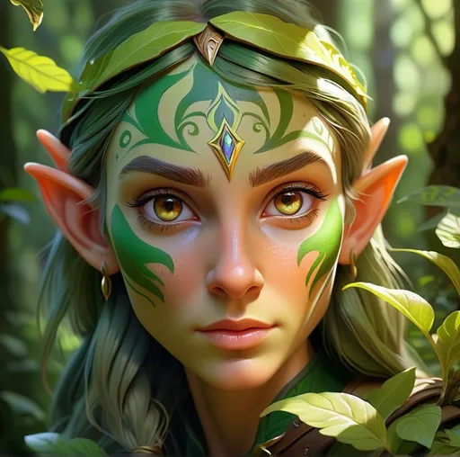 Prompt: Elf ranger in a mystical forest, dappled sunlight, realistic oil painting, vibrant greenery, detailed facial features, intricate elven markings, high quality, realistic, vibrant colors, mystical, detailed foliage, ethereal lighting