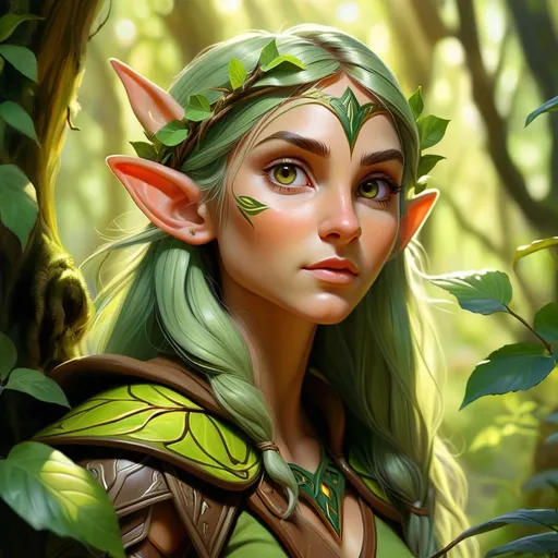 Prompt: Elf ranger in a mystical forest, dappled sunlight, realistic oil painting, vibrant greenery, detailed facial features, intricate elven markings, high quality, realistic, vibrant colors, mystical, detailed foliage, ethereal lighting