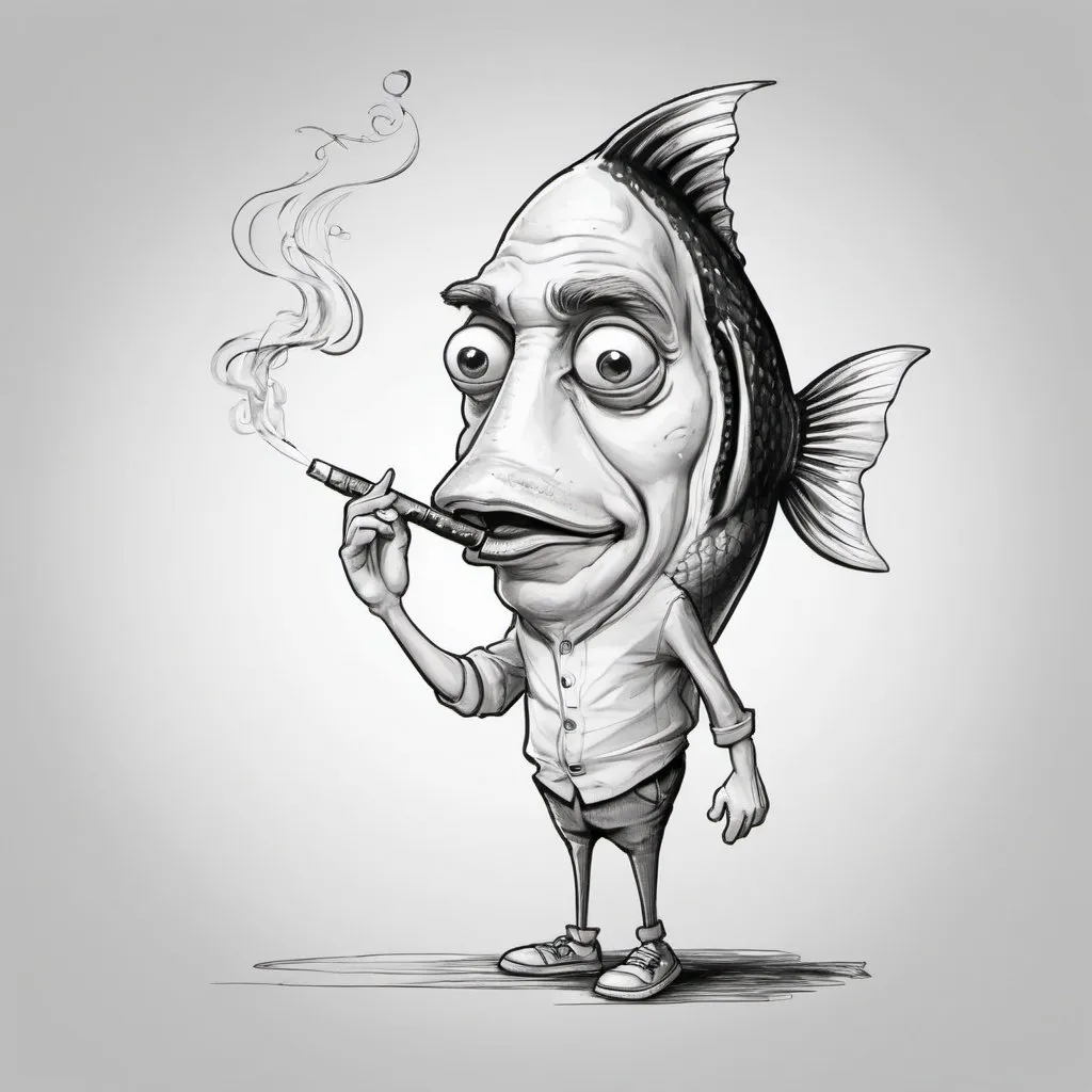 Prompt: A hand drawn sketch, black and white caricature of a cartoon human fish.

The fish should look like a poor skinny man smoking a large bag of cannabis.

Enhancing the caricature's for humorous effect.