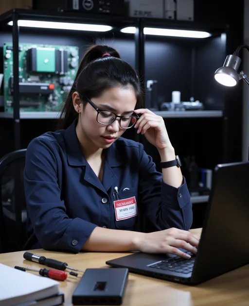 Prompt: "A young female computer technician, Riya, sits at her workbench in a well-lit tech repair shop. She wears a dark blue work uniform with an ID badge. Her dark hair is tied in a ponytail, and she has glasses resting on her nose. Various tools, including screwdrivers, thermal paste, and a replacement SSD, are neatly arranged on the desk. An open laptop lies in front of her, its screen dark. Riya looks frustrated, rubbing her forehead with one hand while the other rests near the laptop. The soft glow of a desk lamp illuminates her focused expression, with shelves full of computer parts in the background."

