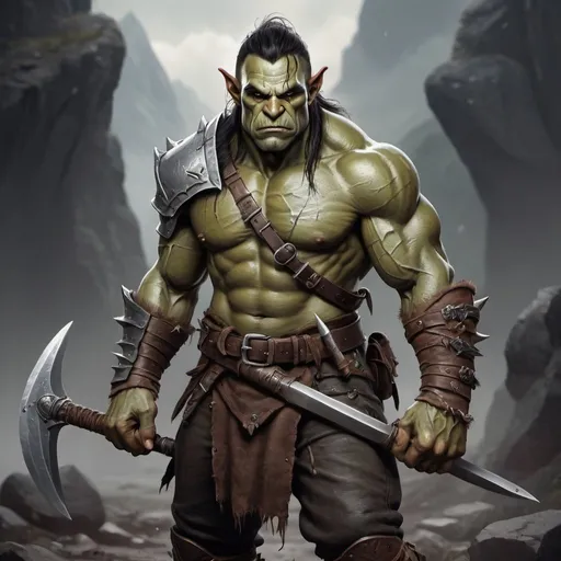 Prompt: half orc dnd character, realistic carrying battle axe and sword, battle worn but strong 