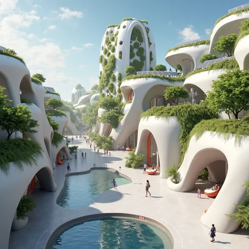 Prompt: future cityscape, elegant urban design, seamless integration of nature and architecture, soft flowing lines, clean and open spaces, advanced but subtle technology, green rooftops, vertical gardens, solar panels, pedestrian-friendly streets, calm daylight, photorealistic, ultra-detailed