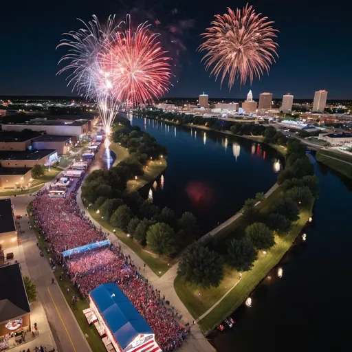 Prompt: Nighttime aerial view of a river with crowds on both sides celebrating the 4th of July Independence Day with food trucks, lot of fireworks in the air, bands playing and families having a good time