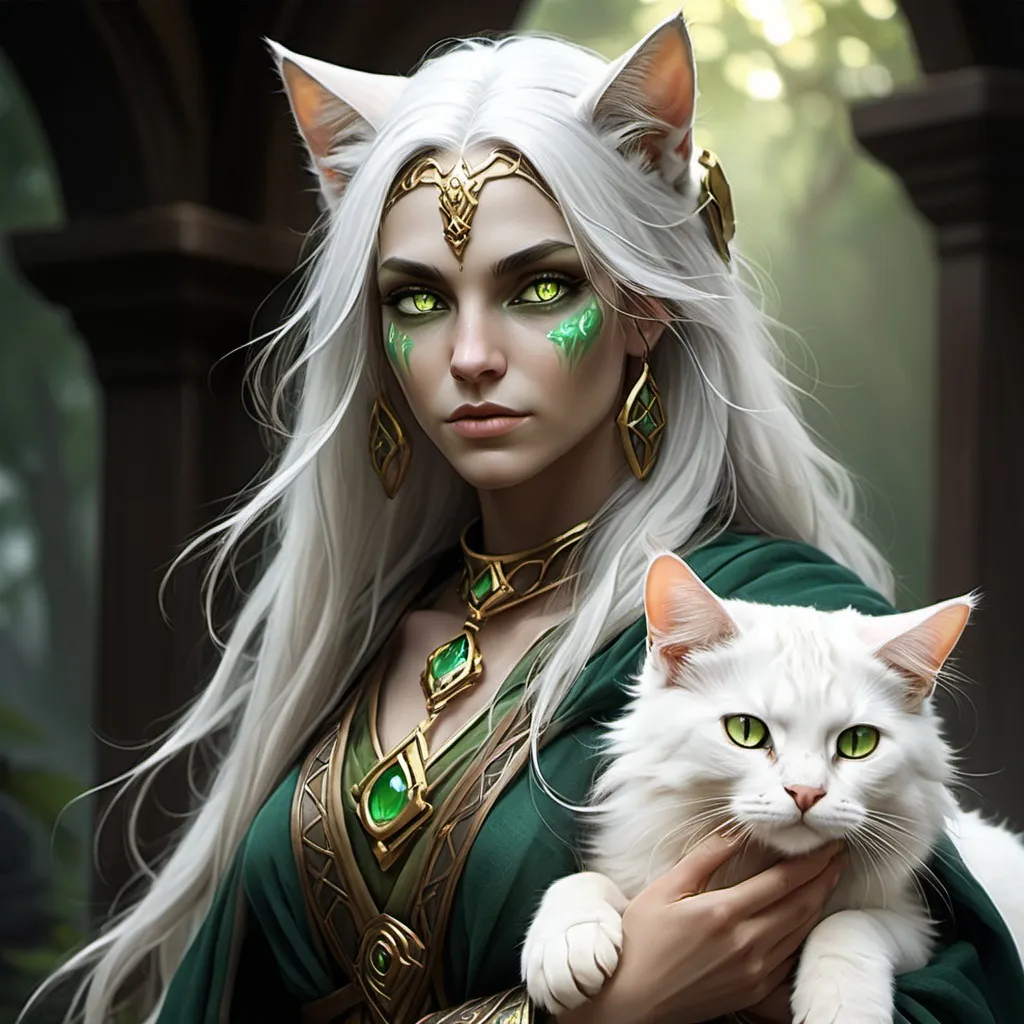 Prompt: A female, Aasimar Druid. She is old, and has silver long hair, green skin, gold eyes, and has a cat companion. 