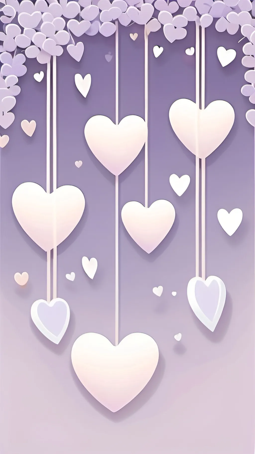 Prompt: (lilac phone background), (white hearts hanging down), soft pastel colors, whimsical vibe, dreamy atmosphere, light and airy feel, minimalist design, soothing and calming tones, cartoon, elegant simplicity, enchanting mood, suitable for mobile wallpaper.