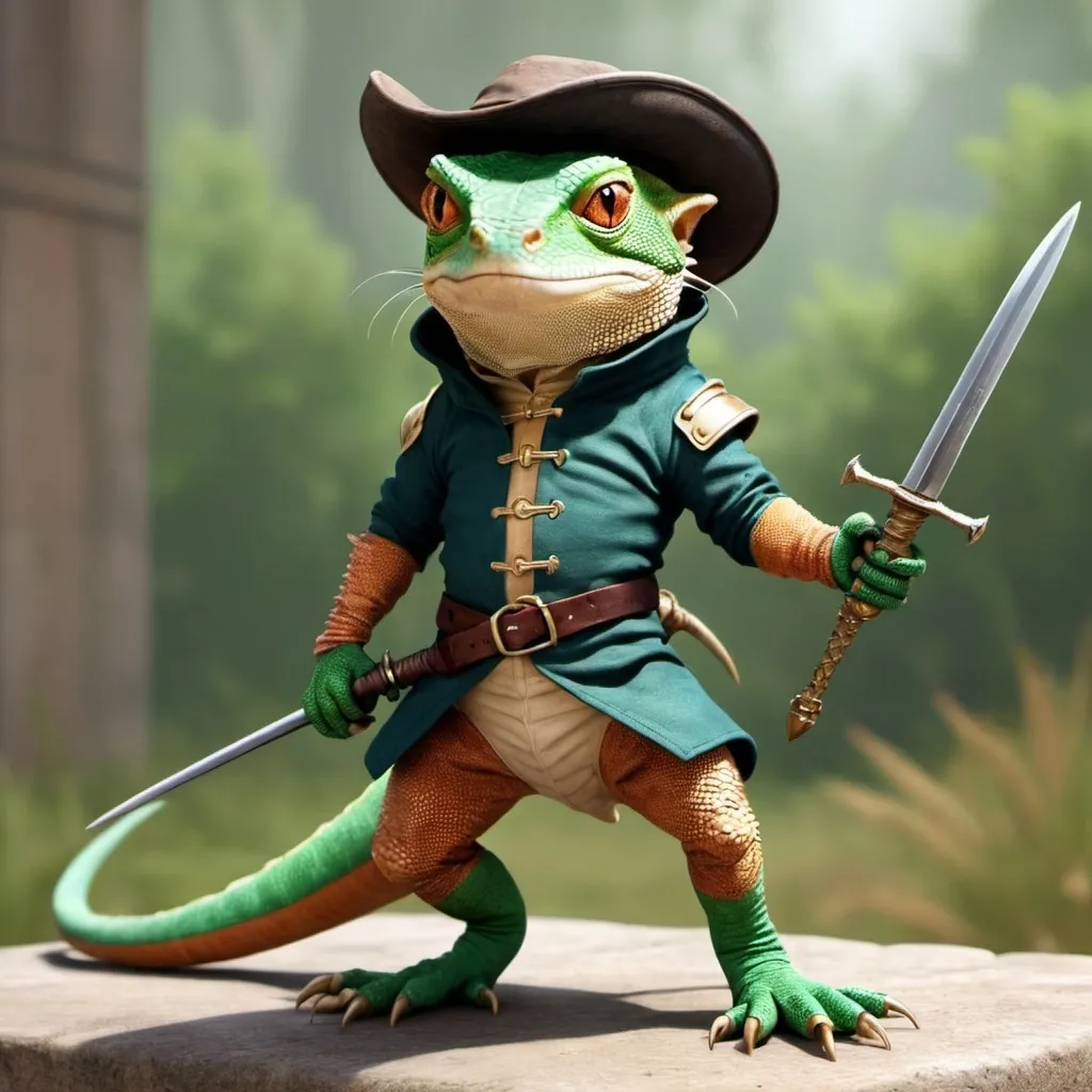 Prompt: lizard version of puss in boots with large boots and a rapier

