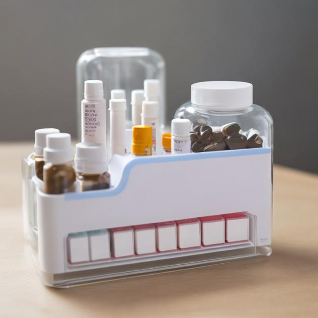 Prompt: Design a small medicine organizer that automatically dispenses pills at specified times, eliminating the need for manual sorting