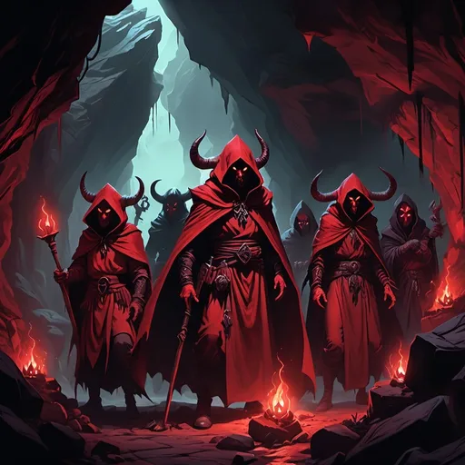 Prompt: dnd art, cave, group of hooded devil cultists, red cloaks, masks, horns