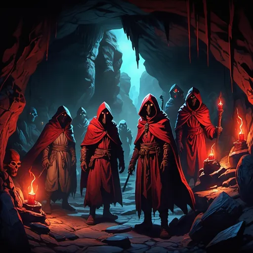 Prompt: dnd art, cave, group of hooded  fiendish cultists, red cloaks, masks
