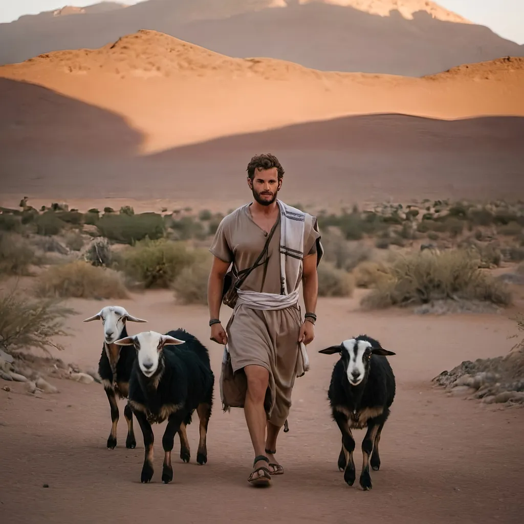 Prompt: low-angle, full-body photo of strong, muscular young shepherd, staff in hand, (coarse brown tunic), (sandals), (wristband), (keffiyeh), walking beside two goats, at a desert oasis, (dusk ambiance), soft warm colors of the sunset, gentle shadows, (photorealistic), (ultra-detailed),mountains in the background