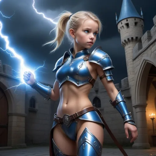 Prompt: Without any clothes, full body view, highly detailed, fantasy, medieval, castle, courtyard, young petite small girl, blonde, ponytail, blue eyes, glowing blue lightning tattoos down her arms and legs, blue leather armor, midriff, navel, biceps, arcs of lightning crawling across her body