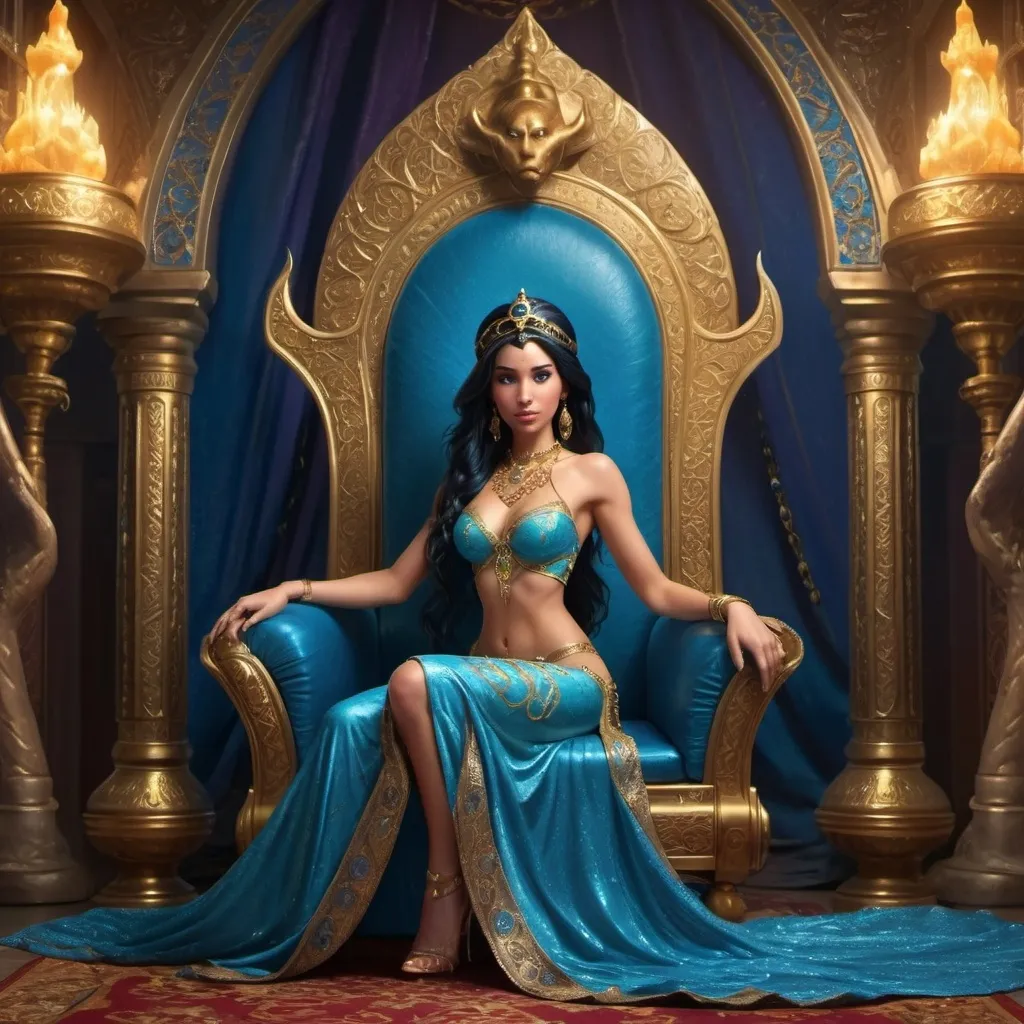 Prompt: Realistic style, full body view, front view, fantasy, an ornate sultans throne room, 
Princess Jasmine, elaborate pelvic curtain dress, adorned with jewelry and a golden filigree crown, stands before an elaborate throne with a gorgeous blue female genie by her side, Aladdin and Jafar are kneeling in chains before her 
highly detailed, HD, 