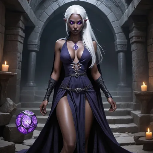 Prompt: Detailed, hyper realistic, fantasy, Dungeons and Dragons, full body view,
Drow, female, sorceress, white hair, long hair, ponytail, purple eyes, dark indigo skin, black deep v neck dress with waist high leg slits and small silver runes on the edges. 
In an underground temple dedicated to the spider queen 