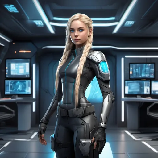 Prompt: Full body view, front view, Young blonde girl, long hair in a single braid, blue eyes, futuristic skin tight black and grey combat suit in a command center