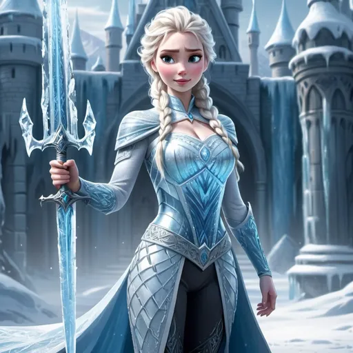 Prompt: Realistic style, full body view, front view, fantasy, a magical castle made of ice
Elsa wearing platemail armor made of ice, midriff exposed, wielding a sword made of ice, 
highly detailed, HD, 