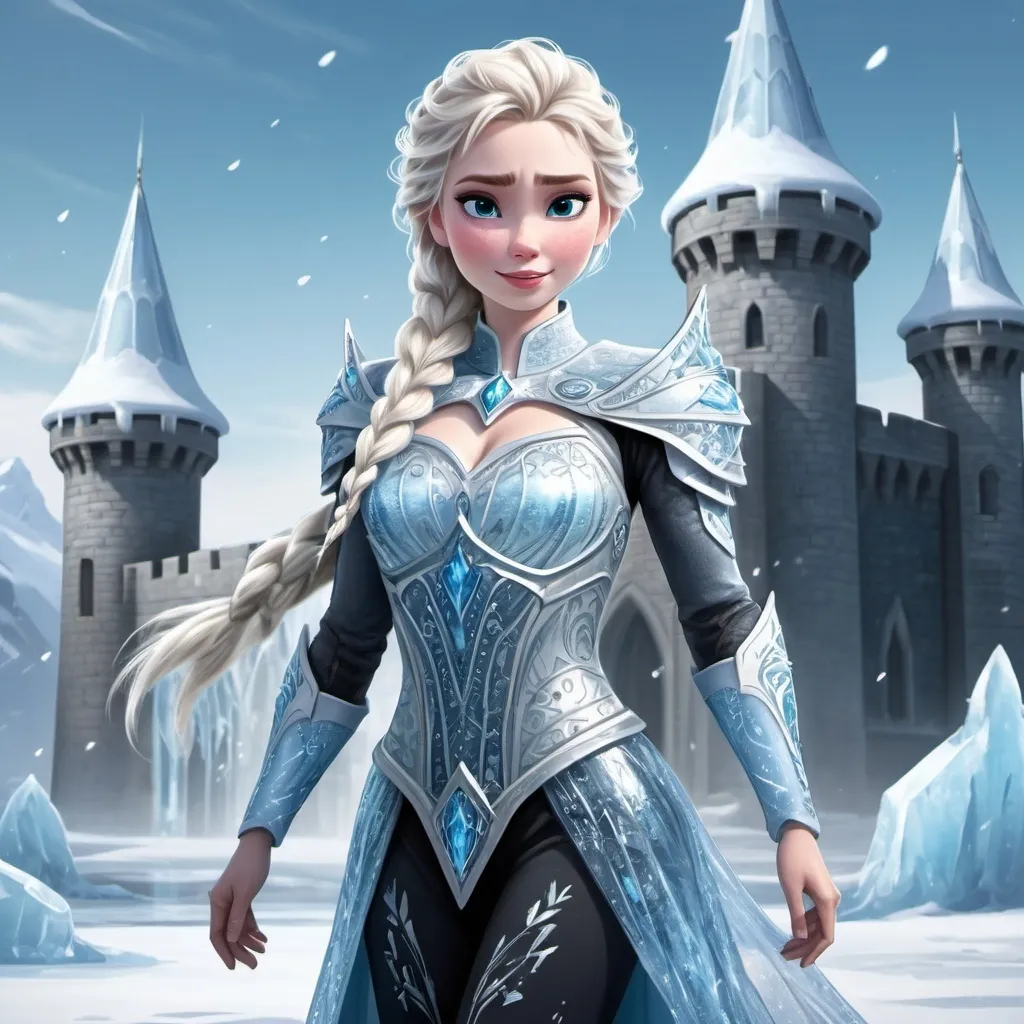 Prompt: Realistic style, full body view, front view, fantasy, a magical castle made of ice
Elsa wearing platemail armor made of ice, midriff exposed, 
highly detailed, HD, 