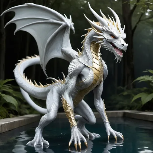 Prompt: full body view, Without any clothes, female humanoid silver dragon, skin has the texture of tiny silver and gold scales, front view, rising out of a pool of water, forest