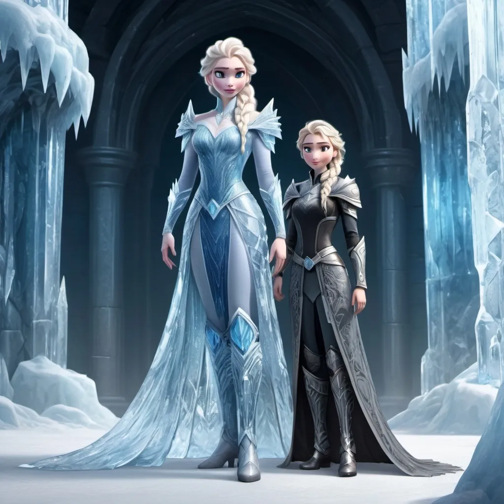 Prompt: Realistic style, full body view, front view, fantasy, a magical castle made of ice
Elsa wearing platemail armor made of ice, an ice golem in the shape of a woman stands next to Elsa, 
highly detailed, HD, 