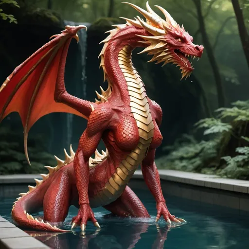 Prompt: full body view, Without any clothes, female humanoid dragon, skin has the texture of tiny red and gold scales, front view, rising out of a pool of water, forest