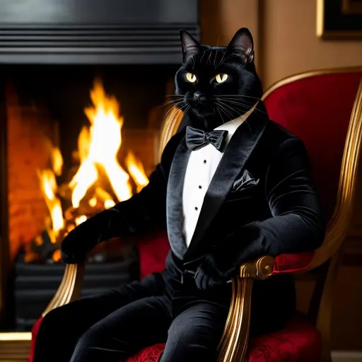 Prompt: Anthropomorphic black cat in a suit, armchair by the fire, high quality, detailed fur, sophisticated, cozy atmosphere, formal attire, warm lighting, realistic, professional, elegant, anthropomorphic, detailed eyes, fireplace, indoor setting, refined
