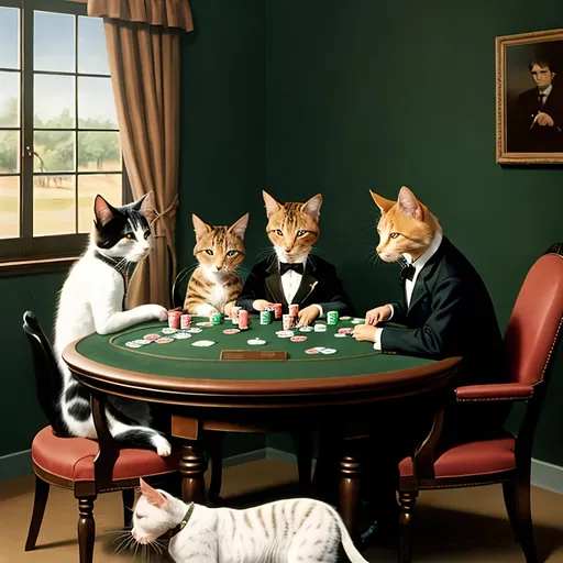 Prompt: Cassius Marcellus Coolidge, four cats playing poker