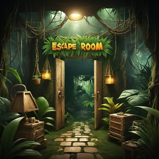 Prompt: create an image of an jungle themed escape room