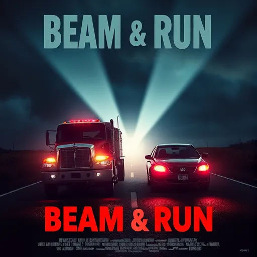 Prompt: a horror movie poster titled "BEAM & RUN", with a truck and sedan finding a white light which is an anomaly