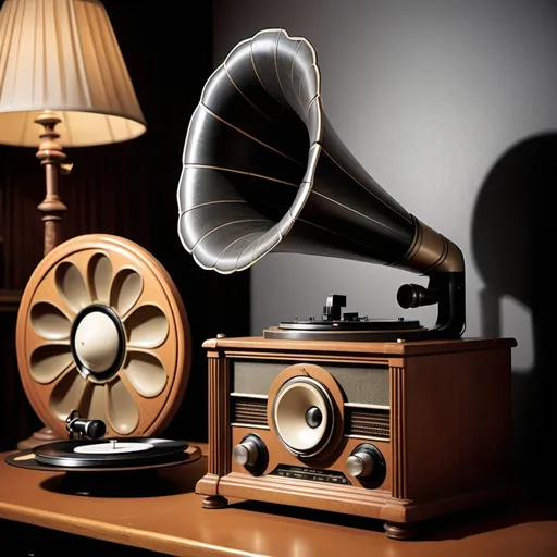 Prompt: show a progression of broadcast capabilties starting with an old phonograph, to AM and FM radio, and finally, to theater surround sound. 