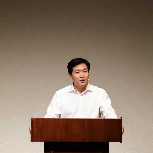 Prompt: Plaee put me behind the pulpit as if I'm giving a presentation.