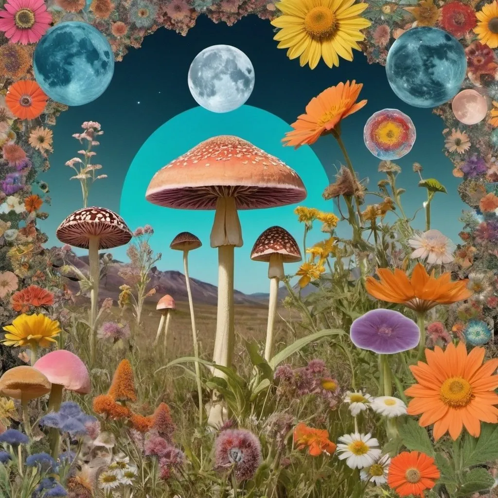 Prompt: A psychedelic collage evoking a vintage 70s sci fi feel but I stead of the sci-fi theme let’s do wildflowers. Photos and art of wildflowers spliced with things like psychedelic patterns/optical illusions, landscapes, geometry, mushrooms/fungus, insects, crystals, gemstones, the sun & moon, etc. Employ a pretty floral color pallet but keep that surreal feel in this natural organic psychedelic collage<mymodel> 