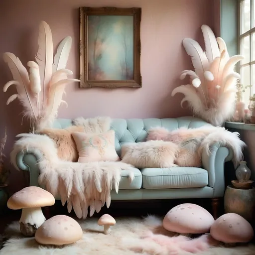 Prompt: Dreamy pastel living room photograph , ethereal atmosphere, soft focus, fur, feathers, bohemian modern style with mushroom accents 