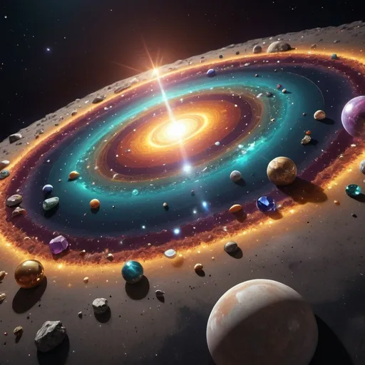 Prompt: high resolution, 4k, detailed, high quality, professional, wide view <mymodel>Our solar system and outer space created out of gemstones and gemstone textures, high-res, ultra-detailed, 3D rendering, cosmic, vibrant colors, sparkling textures, luxurious, celestial bodies in precious stones, majestic planetary alignment, opulent asteroid belt, radiant gemstone stars, intricate details, luxurious art style, gemstone textures, space scene, cosmic lighting