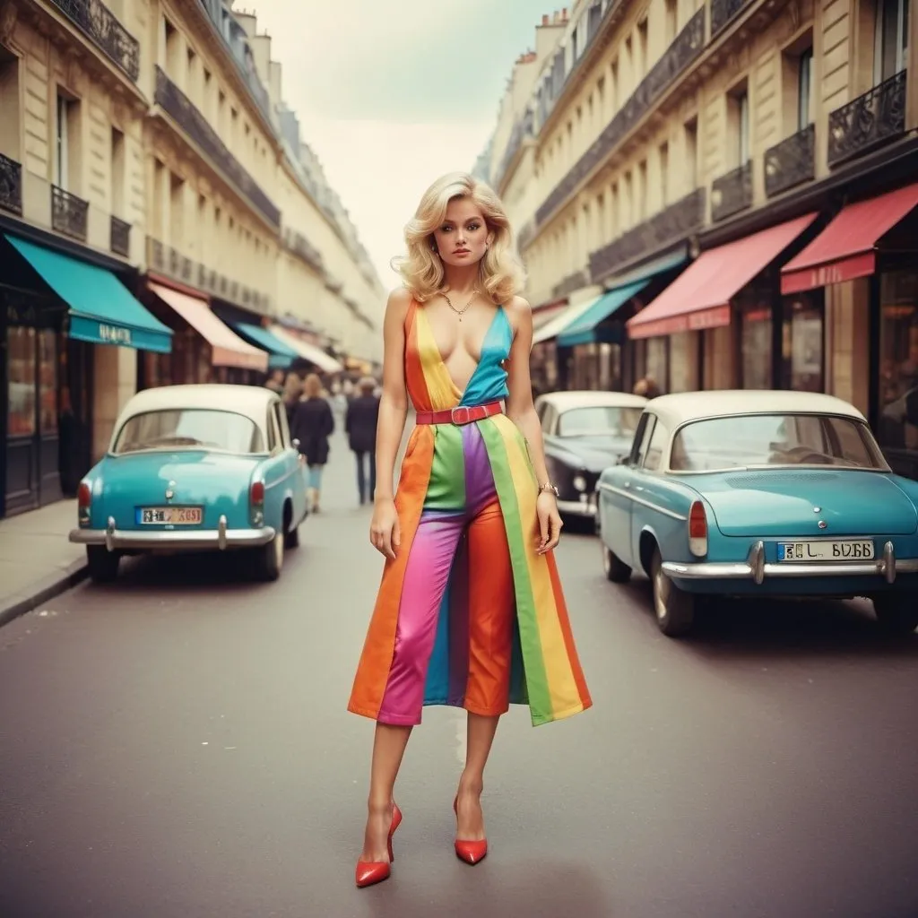 Prompt: Glamour photography full body shot of a blonde woman in paris in the style of Guy Aroch and Jean Luc Goddard of a beautiful woman in a Paris street in the 1960’s in a rainbow outfit in photo real style 