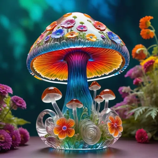 Prompt: A detailed and vibrant transparent glass sculpture of a mushroom with flowers, intricate details, surreal, colorful background