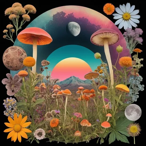 Prompt: A psychedelic collage evoking a vintage 70s sci fi feel but I stead of the sci-fi theme let’s do wildflowers. Photos and art of wildflowers spliced with things like psychedelic patterns/optical illusions, landscapes, geometry, mushrooms/fungus, insects, crystals, gemstones, the sun & moon, etc. Employ a pretty floral color pallet but keep that surreal feel in this natural organic psychedelic collage<mymodel> 