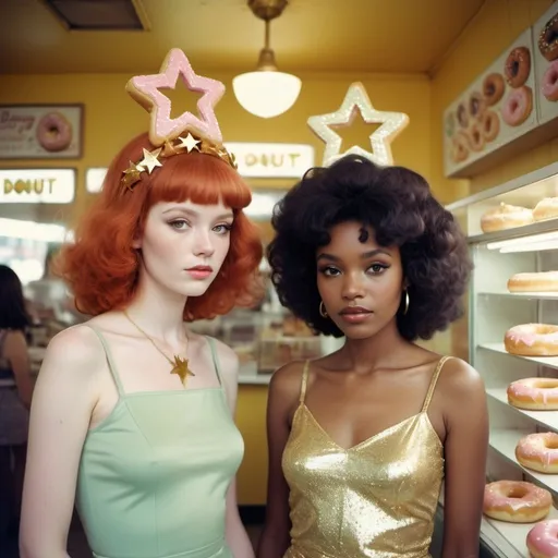 Prompt: Holga photography, couple of movie star looking women, one with red hair and pale skin, one with olive skin and black hair and one African American, all in 1970’s style fashion, wearing gold sparkly star crowns and pastel feminine fashion stand in a donut shop, low-fidelity dreamy aesthetic, flare, low quality, analog photography