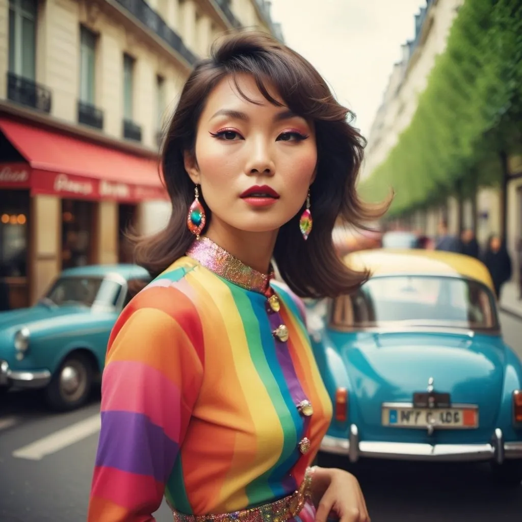 Prompt: Glamour photography of an Asian woman in paris in the style of Guy Aroch and Jean Luc Goddard of a beautiful woman in a Paris street in the 1960’s in a rainbow outfit in photo real style 