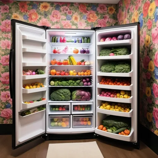 Prompt: Photograph in photo real style  of a well-stocked fridge: Show a refrigerator filled with high end designer handbags in rainbow color order. Include designers “Prada” “YSL” “Gucci” “and “Celine” the set is bare with colored floral wallpaper 

add illustrated eyes and smiling mouth to some vegetables 