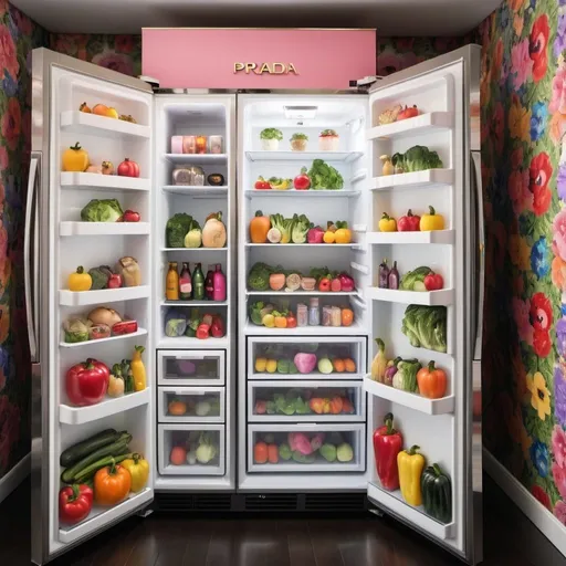 Prompt: Photograph in photo real style  of a well-stocked fridge: Show a refrigerator filled with high end designer handbags in rainbow color order. Include designers “Prada” “YSL” “Gucci” “and “Celine” the set is bare with colored floral wallpaper 

add illustrated eyes and smiling mouth to some vegetables 